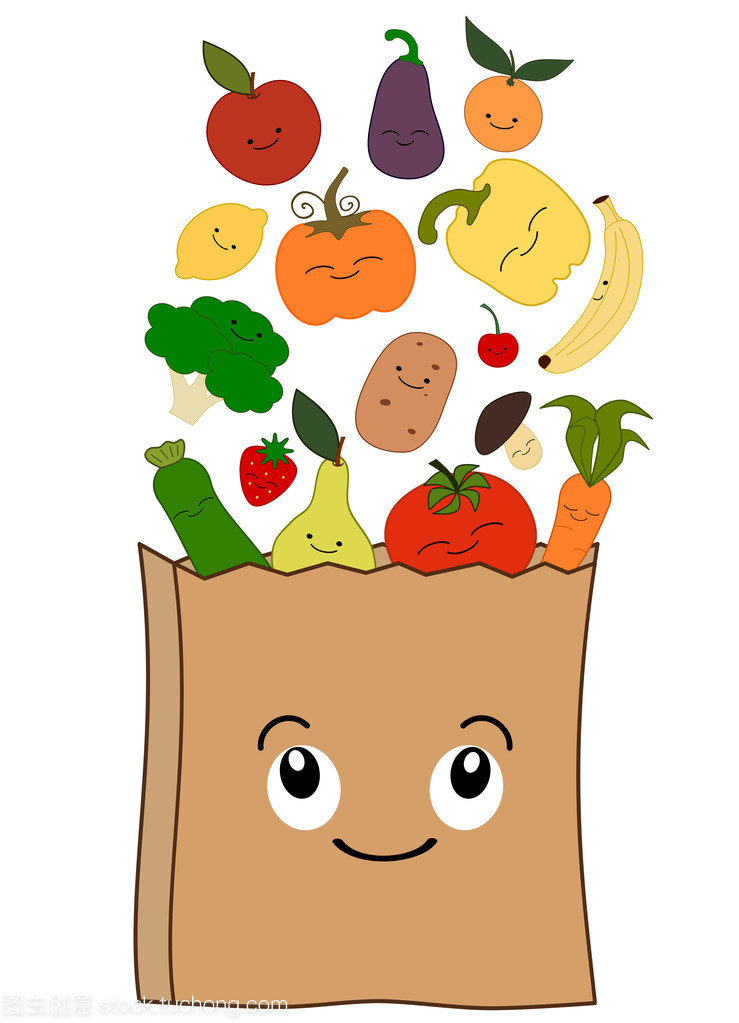 与健康快乐食物矢量概念插画可爱卡通购物袋